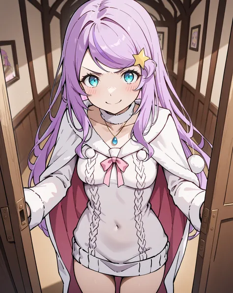  masterpiece, excellent quality, best quality, is absolutely glamorous, absurd results, high resolution, en yeni,  inside,  1girl, anastasiahoshin, angry smile, virgin destructor sweater, small breasts, solo, standing,