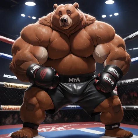 By Walt Disney, by Disney, 8K, masterpiece, Kodiak bear, male, Alone, kodiak brown bear, thick plump muscular, thick athletic, masculine, (nice eyes , orange eyes with pupils), MMA_gloves with knuckle pads, black MMA_trunks with red line slits, ankle suppo...