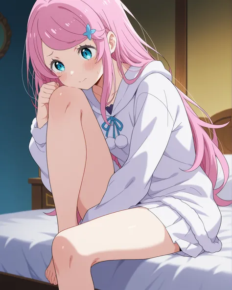 Anastasia hoshin from the anime Re Zero is very beautiful , mahcup, terleme , blush, sitting on the bed with leg on leg, posing sideways, beautiful ,  perfect face, Clothes like in the anime, high resolution, eyes , 