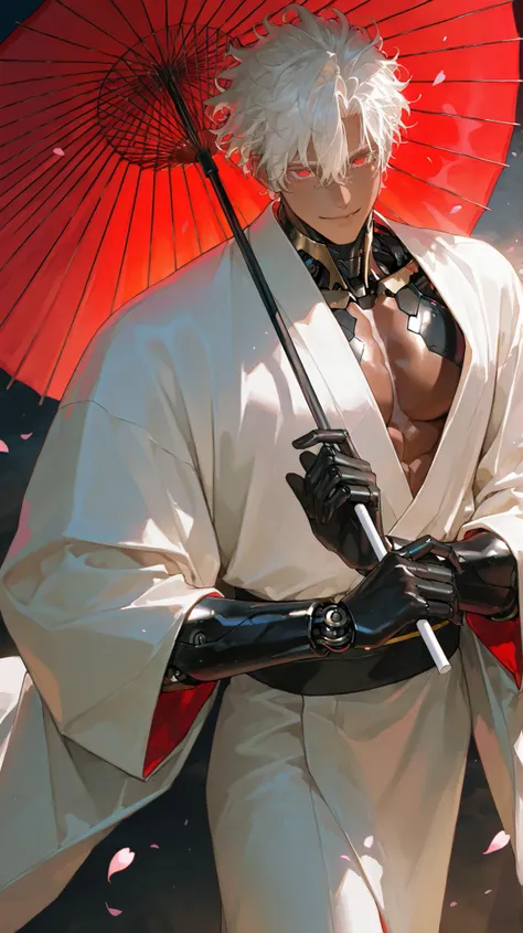 8k, 아름다운 Perfect Eyes, semi-realism art, masterpiece, Exquisite Details, very detailed, (brown skin, brown skin, 40 year old male , handsome, smiles, Messy Hair,hair between eyes, white blond hair,shaved nape hair,short hair,1 man, handsome man, Thick pai...