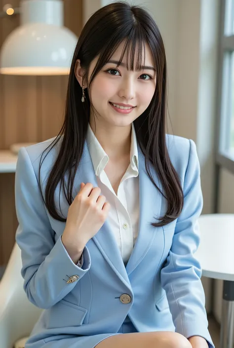 (full body image:1.5), (From the top of her head to the tips of her feet :1.5), (太ももからhigh heelsにかけての脚線美:1.5), Sleek long black hair , Professional Office Lady with Long Dark Hair, is sitting in a chair with her legs crossed, The height of the chair is 60...