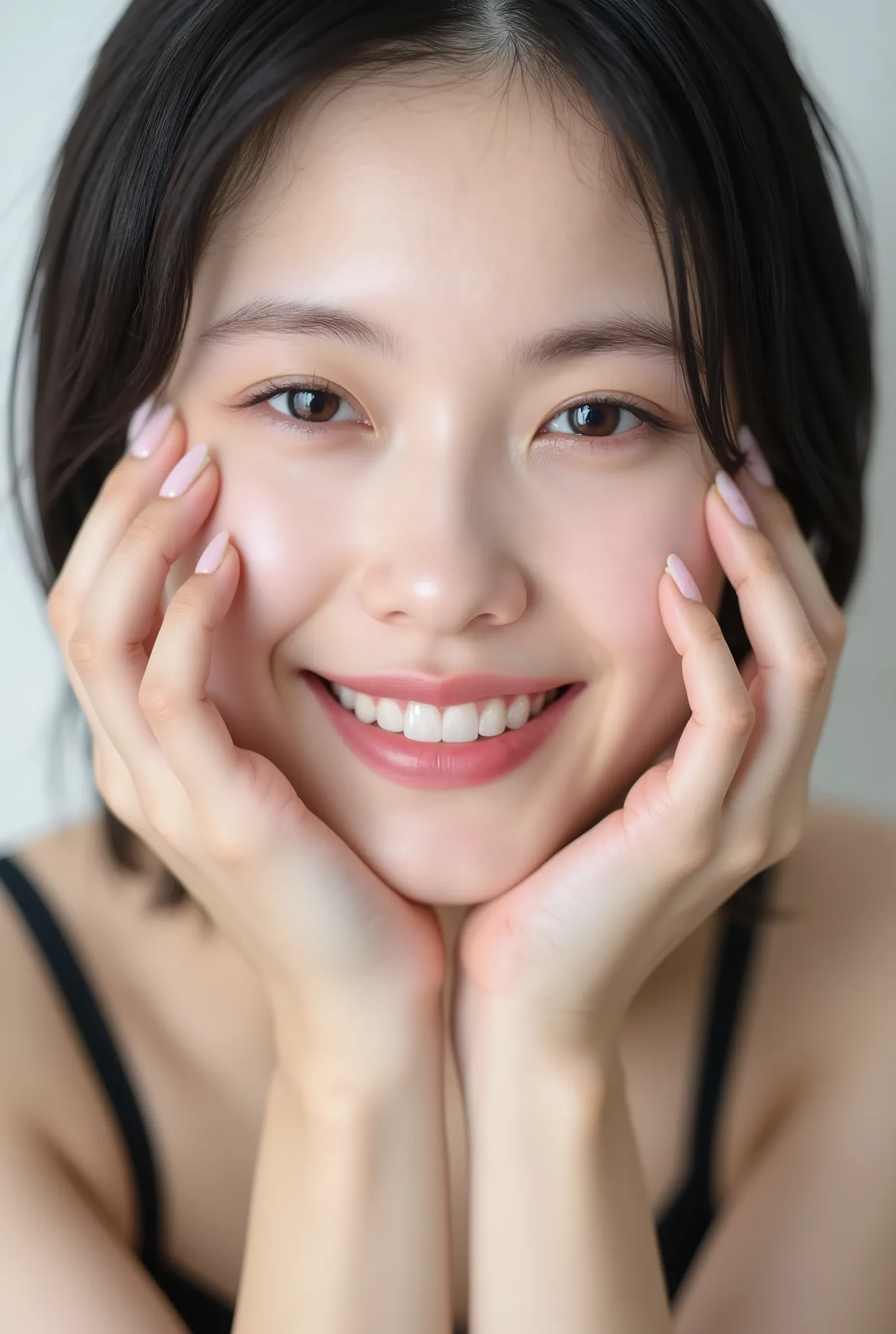 extreme close-up portrait, beautiful girl with her love-struck, radiant face filling the entire frame (95% face ratio), gently placing both open hands on her flushed cheeks with soft fingers, soft black camisole, white blurred background, eyes dreamy and h...