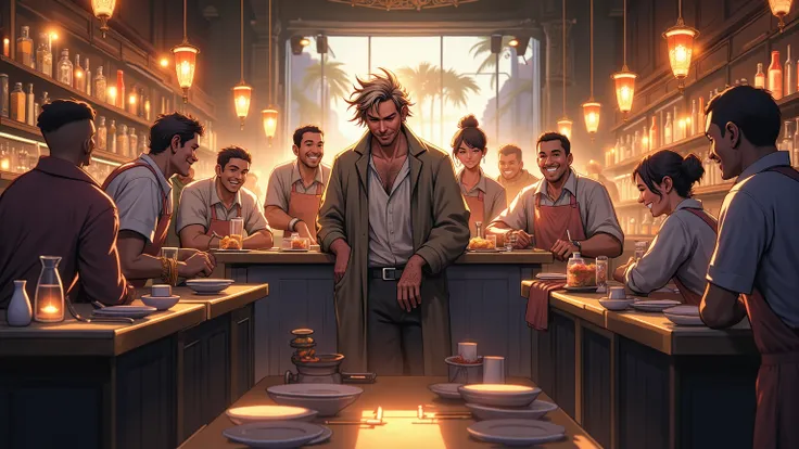 The restaurant staff - waiters, cooks, bartenders - crowded around the reception desk. They were all laughing and discussing with delight. In the center of the restaurant stood a homeless man of 20 years old, shabby. He was serious with a sad face. Ruffled...