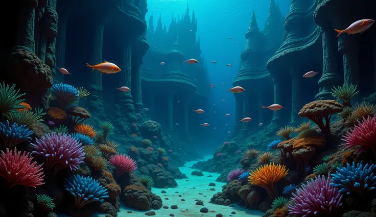  surreal fantasy, School of rainbow-colored fish swimming through a coral reef, other sea creatures around  bioluminescent jellyfishs, mermaids, and big fishs, background the wreckage of a sunken ship, underwater mystical image, neon colors, Blood Red, sur...