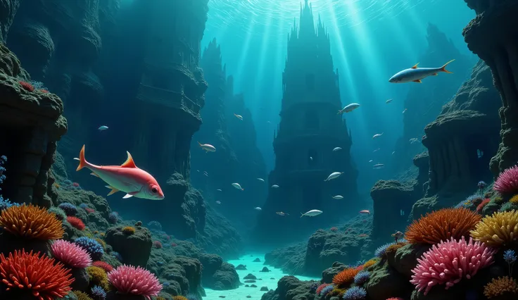  surreal fantasy, School of rainbow-colored fish swimming through a coral reef, other sea creatures around  bioluminescent jellyfishs, mermaids, and big fishs, background the wreckage of a sunken ship, underwater mystical image, neon colors, Blood Red, sur...