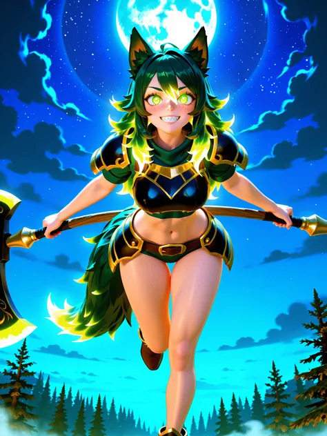 Masterpiece, best quality, amazing quality, absurdres, very aesthetic, lazypos, 3D, 1 woman, 5 feet tall, slim, medium-big chest, large hip, dark green shoulder long hair, fluffy hair, wolf ears, fluffy ears, wolf eye, fluffy tail, sharp canine teeth), wea...