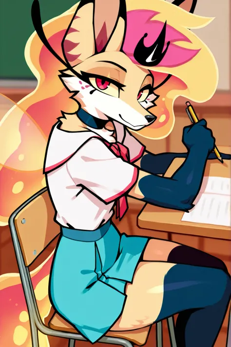 masterpiece, best quality, anime, fox girl, queen bee (helluva boss) in schooluniform, and white blouse, and blue collar, and red tie, and black stockings, and blue skirt, and black shoes, anthro, ginger fur, 4_arms, against a background of classroom, red ...