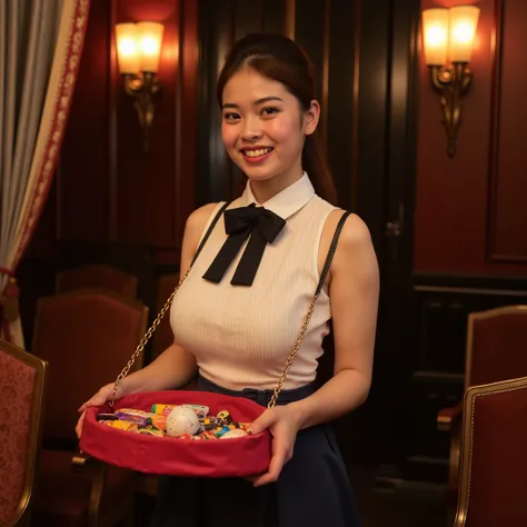 "A smiling woman standing in an old-style movie theater, dressed in a retro candy seller uniform. She wears a sleeveless white blouse with thin vertical stripes and a black collar bow tie, and a pleated navy skirt above the knees. She holds a classic red v...
