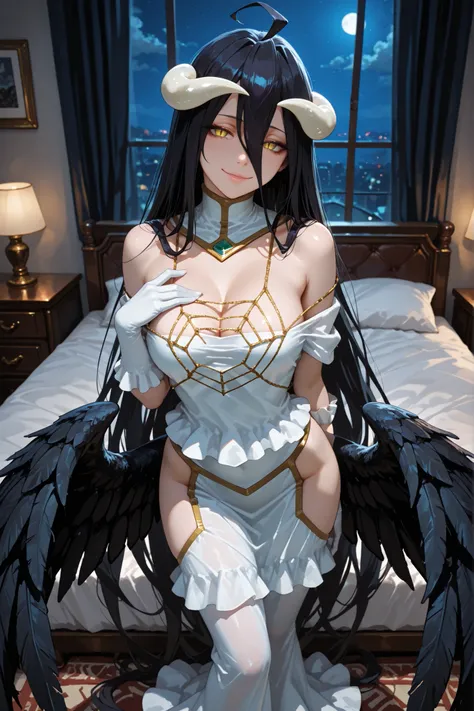 1girl, albedo (overlord), horns, ahoge, low wings, wings, demon horns, feathered wings, feathers, very long hair, dress, demon wings, slit pupils, gloves, black feathers, hair between eyes, demon girl, in the bedroom, luxurious bedroom, standing, near the ...