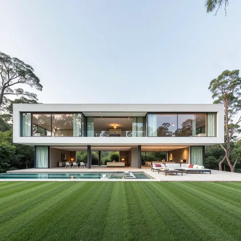 the modern house in Brazil, designed in the architectural style of Mies van der Rohe. It has a white exterior with large glass walls that blend seamlessly with the vegetation. It was photographed with a Canon EOS R5 camera and a Canon RF24-70mm f/2.8 lens...