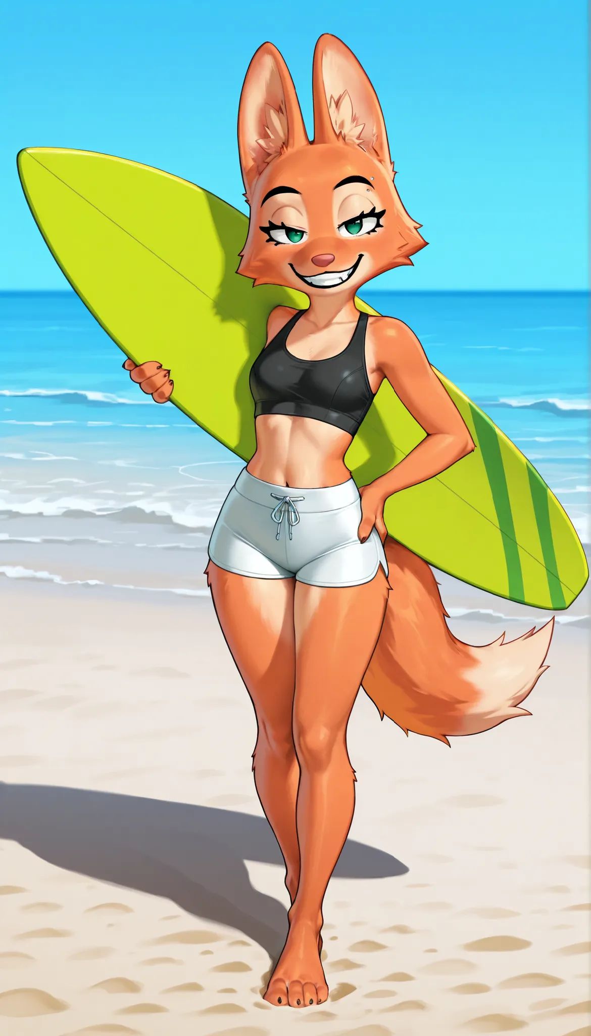 score_9, score_8_up, score_7_up, 1girl, looking at viewer, solo, diane foxington, emerald eyes, orange fur, dusty pink nose, fox girl, full length body, black sports bra, bikini, midriff, hips flaunting, white boardshorts, pawed feet, barefoot, standing, l...