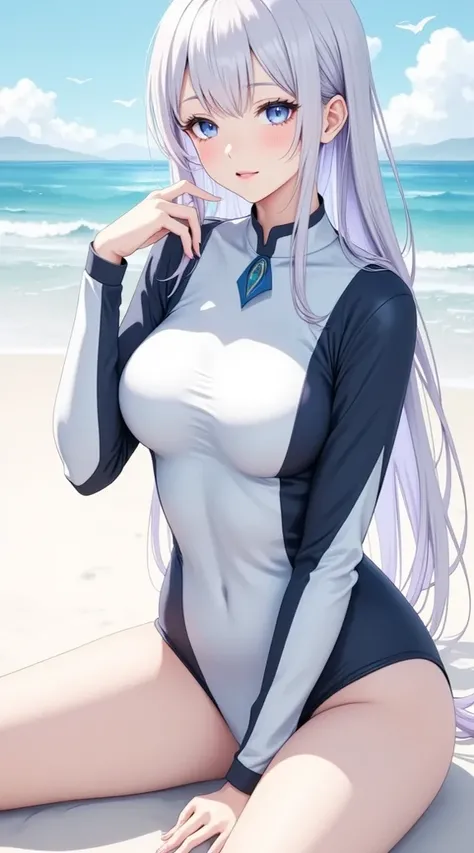  (masterpiece,  computer, mejor quality,  Clear focus, shadow, anime style, Ultra high resolution, 8K, perfect anatomy, rostro perfecto, (detailed face), (  Detailed eye  ), score_9, score_8_up, score_7_up, score_6_up, score_5_up, score_4_up,  source _Animated, Label 1, Label2, quality_masterpiece, anatomically correct, beautiful face, rostro perfecto, Beautiful and highly detailed face and eyes, Attractive face, detailed face, Delicate facial features, fur detallada, pechos enormes, breast size cup D or DD, caderas anchas, gigantic butt texture, thick thighs. Anime style illustration with a sensual and attractive appearance with a stylized and curvy body, posing sitting on the sand of a bright and tropical beach. has long hair, smooth and bulky , of silvery white color with soft reflections, and a dynamic hairstyle with loose locks. Her big, bright eyes are light blue, with a soft expression and slightly flushed cheeks. She wears a swimsuit black and blue, fitted, in white tones, full body wetsuit with details modern and a decorative chest patch. The scene is set on a sunny beach, with the turquoise sea in the background, clear sky with some clouds. The lighting is clear and natural, con shadows suaves y una atmósfera veraniega. Realistic anime style with high level of detail in her clothes, fur, hair and background.