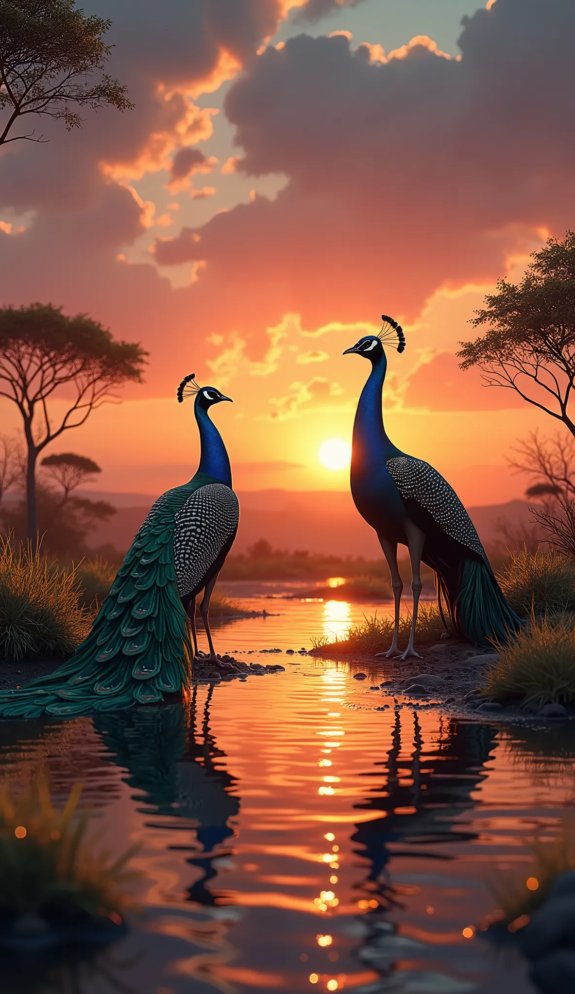 in high-resolution images、African sunset、colorful and beautiful peacock images、The sun disappeared leaving a lonely peacock in the distance、The sun flew away with the very beautiful peacock in the lake、River water is connected to a vast sky、