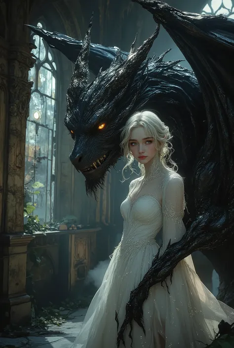 The silvermist ghost of a beautiful girl and the black bone dragon protecting her at night in the ruins of a church
