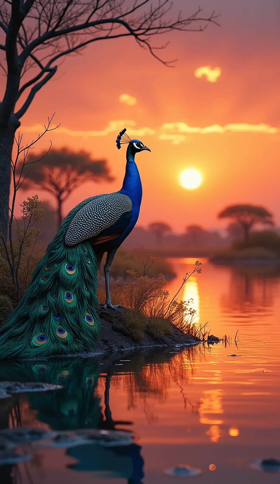 in high-resolution images、African sunset、colorful and beautiful peacock images、The sun disappeared leaving a lonely peacock in the distance、The sun flew away with the very beautiful peacock in the lake、River water is connected to a vast sky、