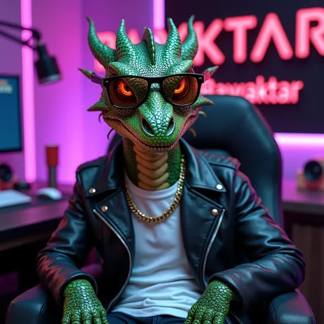 Dragon green scales with gradient and iridescent .in stylish sunglasses with beautiful orange eyes in lizard styles. Textured scales . Clothing leather jacket white t-shirt chain gold. sits in a cool YouTube recording studio in an expensive interior. Capt...