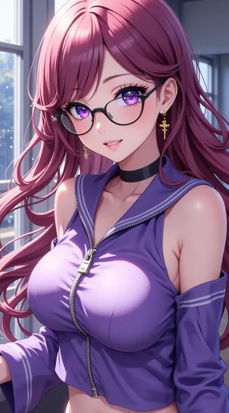  (masterpiece,  computer, mejor quality,  Clear focus, shadow, anime style, Ultra high resolution, 8K, perfect anatomy, rostro perfecto, (detailed face), (  Detailed eye  ), score_9, score_8_up, score_7_up, score_6_up, score_5_up, score_4_up,  source _Animated, Label 1, Label2, quality_masterpiece, anatomically correct, beautiful face, rostro perfecto, Beautiful and highly detailed face and eyes, Attractive face, detailed face, Delicate facial features, detailed leather, pechos enormes, breast size cup D or DD, caderas anchas, gigantic butt texture, thick thighs. Anime style illustration with a sensual and attractive appearance with a modern and elegant appearance. has long hair, plain dark red, with a voluminous hairstyle and soft waves. She wears black-rimmed glasses that highlight her big bright violet eyes, adorned with long and expressive eyelashes. Wear a tight purple outfit with a front zip,  exposing the shoulders . Wear long earrings in the shape of gold crosses and a black choker.  The background is diffuse , with soft lights and sparkles, giving a futuristic or nightlife atmosphere.
