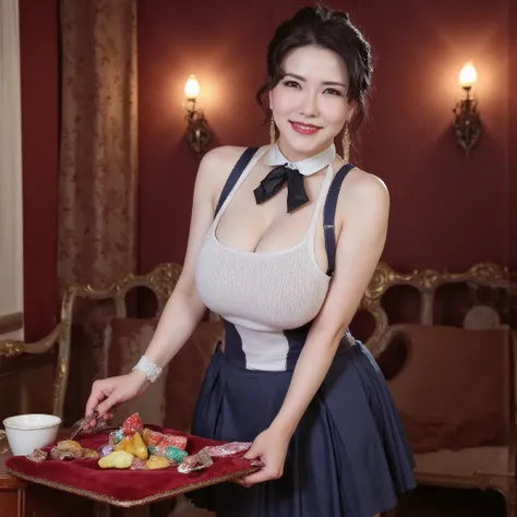 "A smiling woman standing in an old-style movie theater, dressed in a retro candy seller uniform. She wears a sleeveless white blouse with thin vertical stripes and a black collar bow tie, and a pleated navy skirt above the knees. She holds a classic red ...