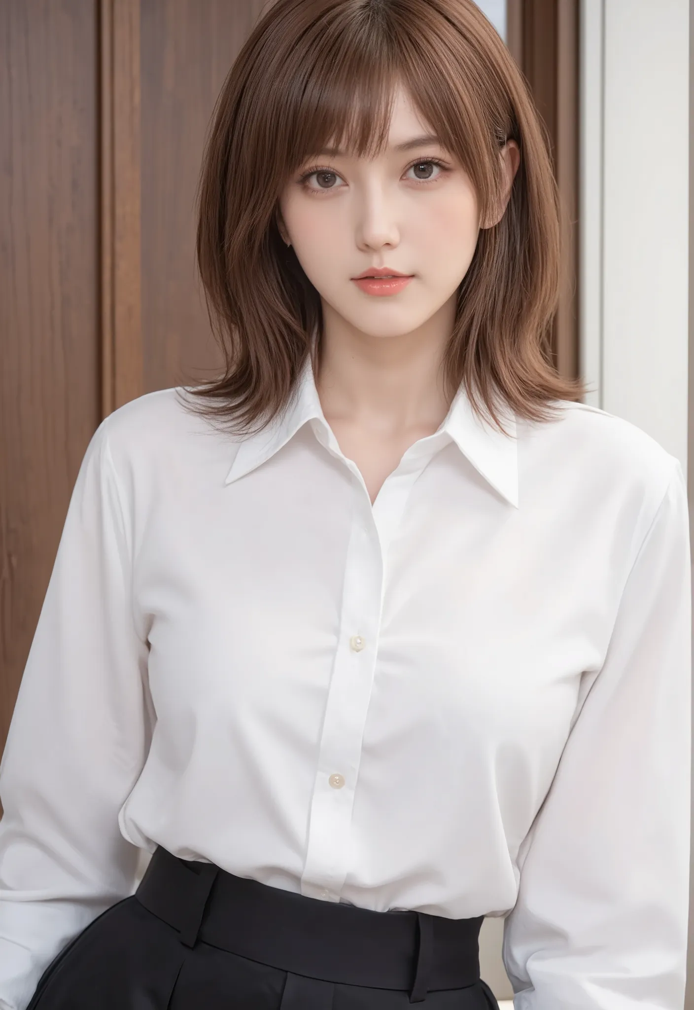 a beautiful 20-year-old girl, fofa, with Korean descent she has big brown eyes with thick lashes, a thin nose and a small mouth with thin lips a beautiful and very feminine face a body with medium large breasts, thin waist, wide hips big and perky ass wear...