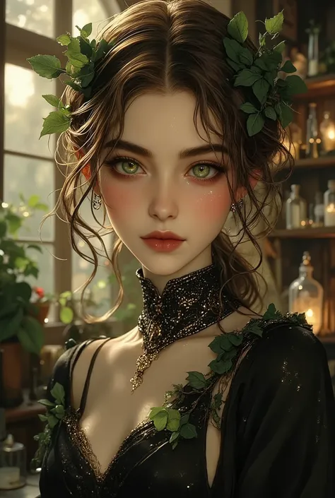 fantasy, Young witch, pretends to be a herbalist, brown and red hair, big green eyes with golden sparks, slim flexible figure, pretty face