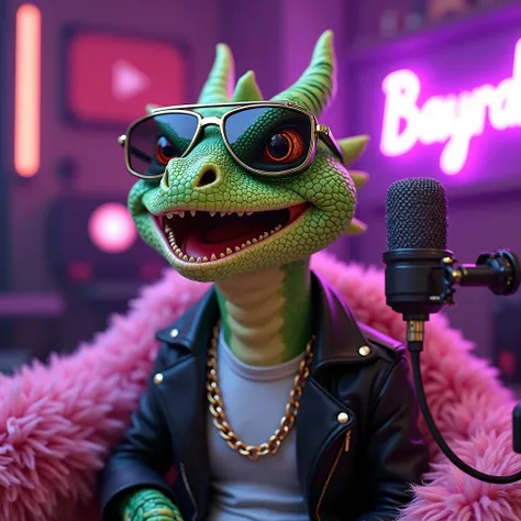 The dragon laughs .smile. green scales with gradient and overflow .in stylish sunglasses with beautiful orange eyes in lizard styles. Textured scales . Clothing leather jacket white t-shirt chain gold. sits in a fluffy pink fur coat.in a YouTube recording...
