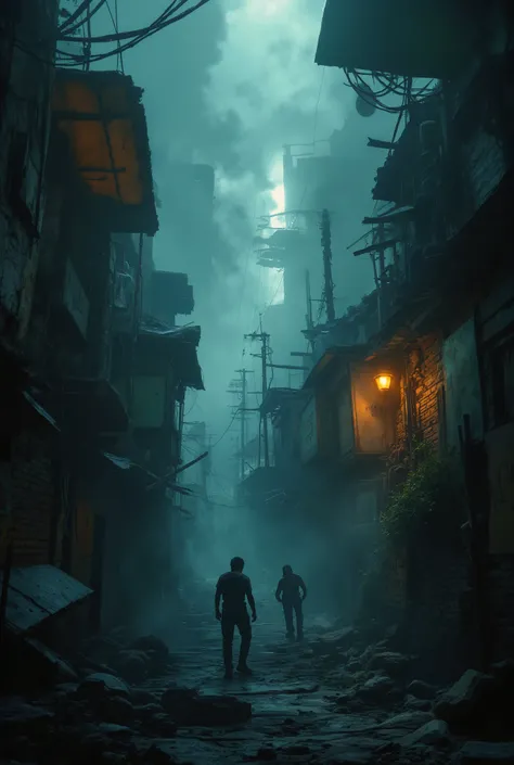 shady favela neblina ,broken signs ,wooden bridges,  cyberpunk,loose poles and wires, movement of persons,a noite , bottom view,