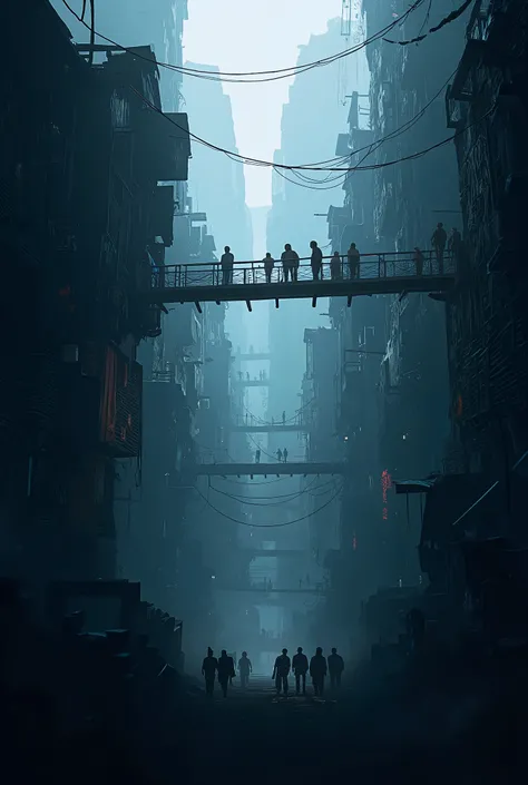 shady favela neblina ,letreios,wooden bridges, cyberpunk,loose poles and wires, movement of persons,a noite , bottom view,