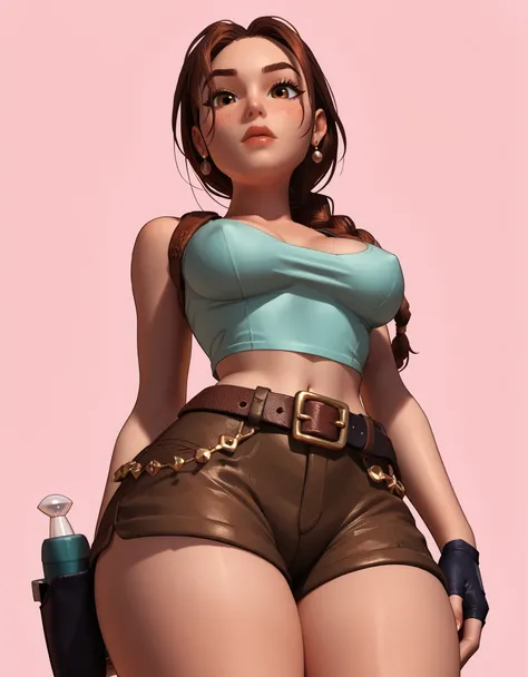 A highly detailed and stylized digital illustration of the athletic and beautiful adventurer Lara Croft, making a sexy pose with a flirty expression, wearing a teal plunging neckline (crop top), brown tactical shorts, two black holsters, black fingerless g...