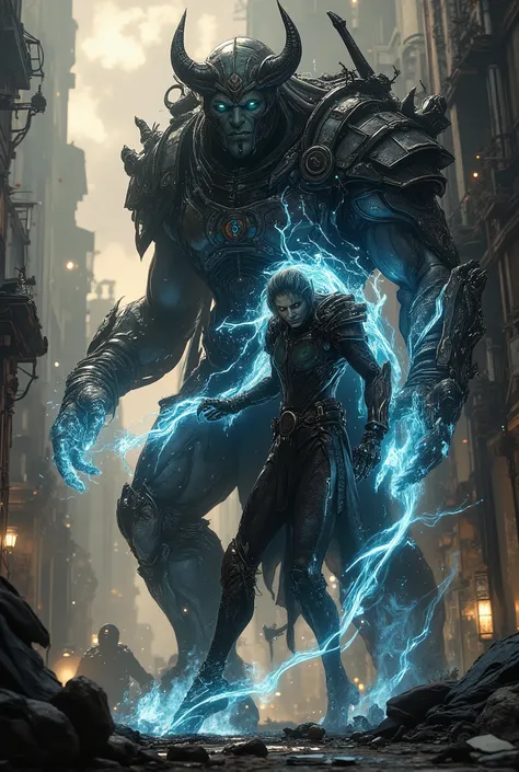 a brutal and powerful orc with cyber implants fights an elf, whose magic looks like computer code