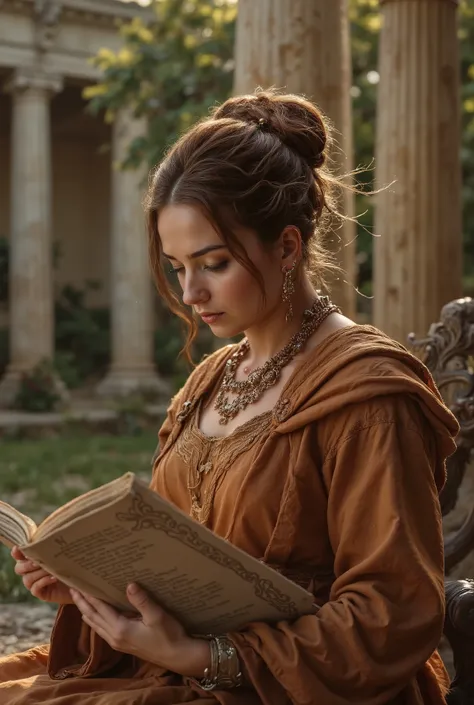 A 30-year-old patrician Roman woman sits in an interior garden peristyle, reading a Stoic scroll. She wears a stole and palla in earthy tones with subtle gold embroidery. Natural light filters through columns, creating dramatic shadow patterns. Cinematic r...