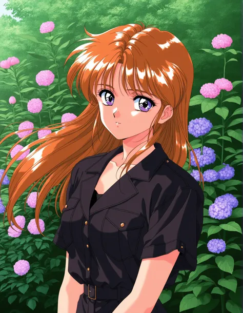 General,highres, ultra-detailed,very aesthetic,best quality,  BREAK rika, black top model, 1990s (style), retro artstyle, game cg Style, garden with flowers, wind Sunny 