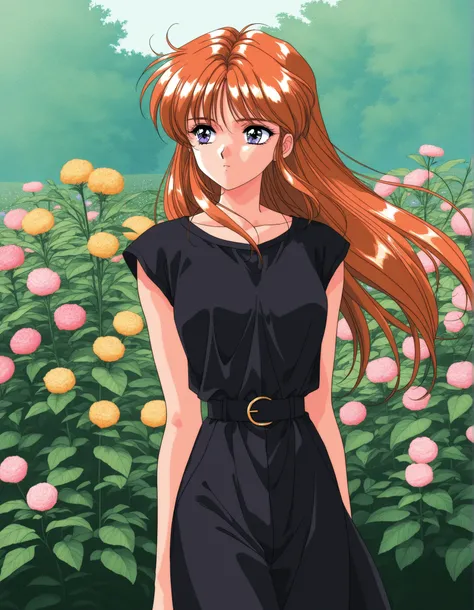 General,highres, ultra-detailed,very aesthetic,best quality,  BREAK rika, black top model, 1990s (style), retro artstyle, game cg Style, garden with flowers, wind Sunny 
