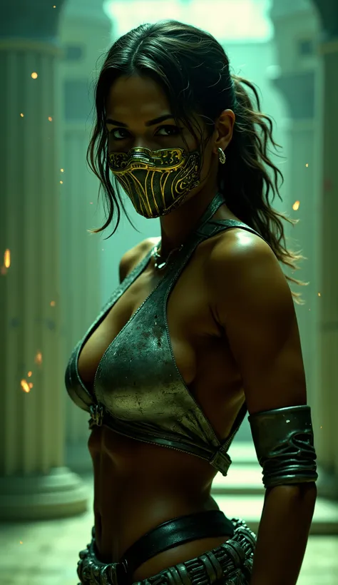  Here is a detailed prompt to generate an image  ** model** da Halle Berry como **Jade**, com um traje e mask verde metálico brilhante, Focus on upper body:  

---  
**"Hyper-realistic Close-up of Halle Berry as Jade, the agile and lethal killer of *  mort...
