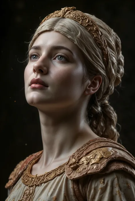 Ultra-realistic transitional statue - half marble sculpture, half living woman - depicting a Greek priestess from the Hellenistic period. Dignified posture with raised chin and serene gaze, symbolizing the stoic virtue of courage. Dramatic side lighting ac...