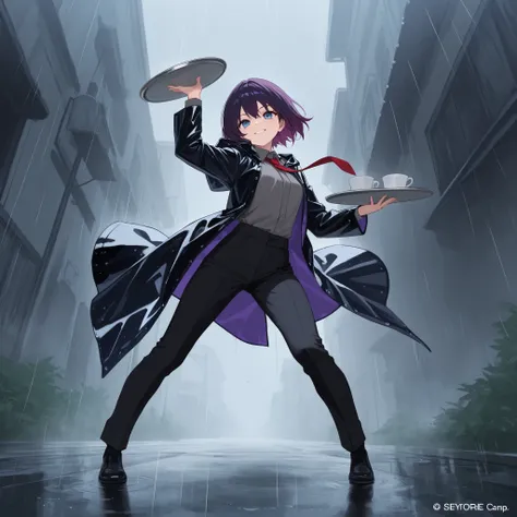 masterpiece, best quality, amazing quality, 1 girl, solo, full body, short hair, multicolored dark purple hair, smile, blue eyes, black raincoat, black trousers, gray shirt, red tie, epic pose, empty tray in hand, tray raised slightly above head