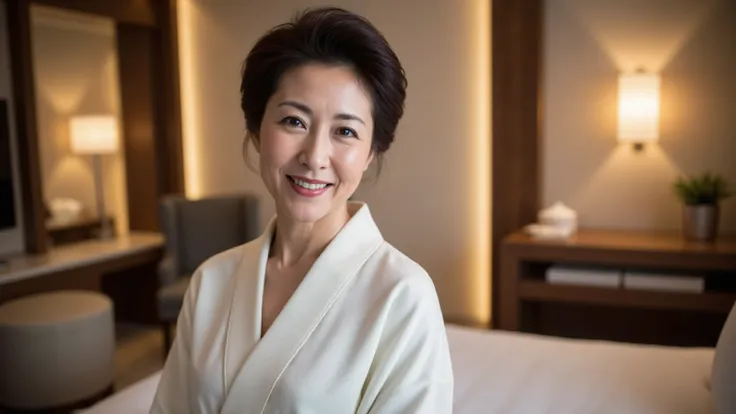 A dignified Japanese woman in her 60s, wearing a traditional white kimono, smiling gently. Her hair is styled in a neat, classic Japanese updo. She is standing in a softly lit hotel room interior, with warm lighting, elegant furniture, and a slightly luxur...
