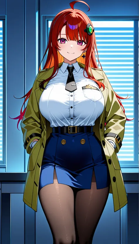 A busty female detective wearing an olive mod coat inside the police station