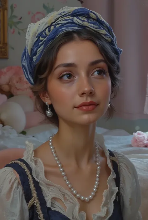 Note-Built City, Animal Butler, looking up, headwrap’s cobalt spirals dissolving into a dreamlike wash of William Morris-style florals. wearing wearing a hogwarts school Uniform, Lorek’s hyperrealism renders each pore luminous; pearls nestle at her throat ...