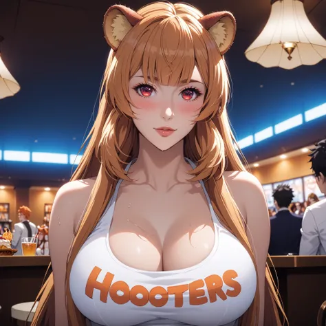 Raphtalia, 20 years old, bright orange hair, ruby-red eyes, round animal ears, sonrisa encantadora. Blushing, curvaceous, and slender figure with large, shapely breasts.   viste una camisa color blanco  escotada con las letras hooters escritas en ella de c...