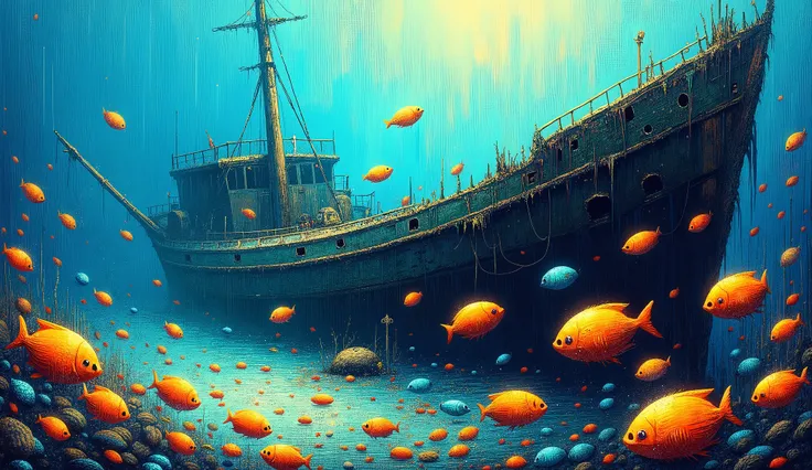 crie uma Impressionist painting de um school of fish coloridos em um coral, the lighting comes from above, At the water's edge, you can see a more prominent fish, In the background the half-destroyed remnant of a very sunken ship, covered in algae and with...