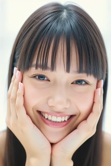 extreme close-up portrait, beautiful girl with her love-struck, radiant face filling the entire frame (95% face ratio), gently placing both open hands on her flushed cheeks with soft fingers, soft black camisole, white blurred background, eyes dreamy and h...