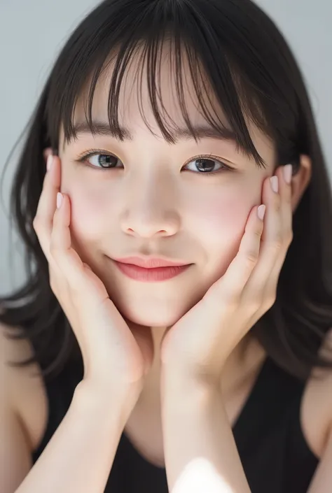 extreme close-up portrait, beautiful girl with her love-struck, radiant face filling the entire frame (95% face ratio), gently placing both open hands on her flushed cheeks with soft fingers, soft black camisole, white blurred background, eyes dreamy and h...