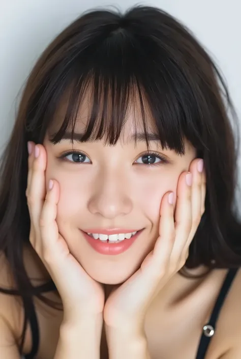 extreme close-up portrait, beautiful girl with her love-struck, radiant face filling the entire frame (95% face ratio), gently placing both open hands on her flushed cheeks with soft fingers, soft black camisole, white blurred background, eyes dreamy and h...