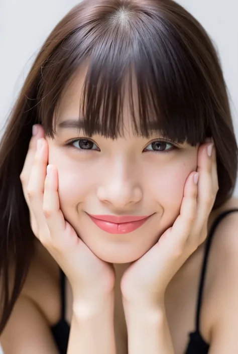 extreme close-up portrait, beautiful girl with her love-struck, radiant face filling the entire frame (95% face ratio), gently placing both open hands on her flushed cheeks with soft fingers, soft black camisole, white blurred background, eyes dreamy and h...