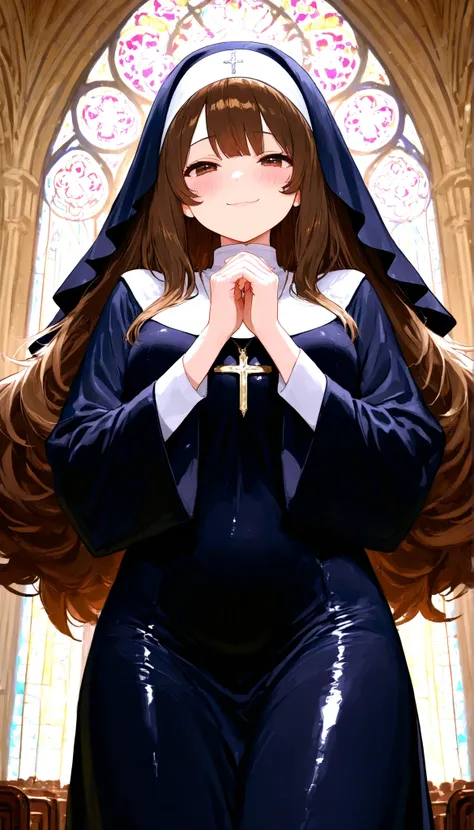 (((Best quality, 8k, Masterpiece: 1.3)), ((best quality)), ((masterpiece)), (detailed), perfect face, perfect body, (detailed skin:1.3), (intricate details), Nun, dark blue robe, brown hair, big hair, shiny hair, shy smile, Cathedral, stained glass, Sacred...