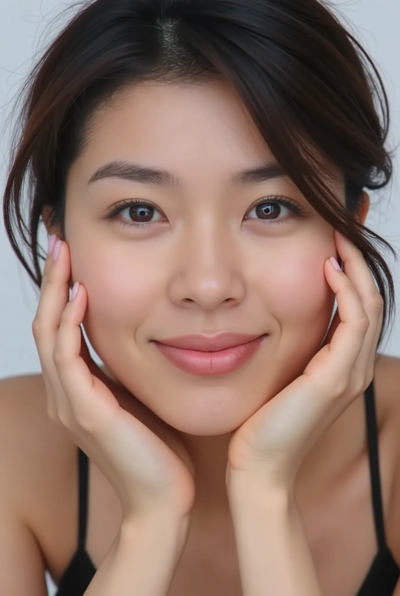 extreme close-up portrait, beautiful girl with her love-struck, radiant face filling the entire frame (95% face ratio), gently placing both open hands on her flushed cheeks with soft fingers, soft black camisole, white blurred background, eyes dreamy and h...