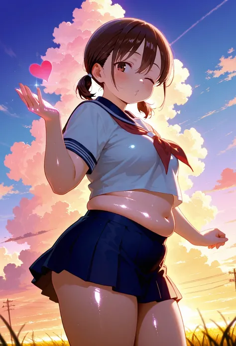 1girl, solo, Boku no Kokoro no Yabai Yatsu, honoka hara, short hair, brown hair, hair between eyes, brown eyes, low twintails, short twintails, plump, chubby body, thick arms, thick thighs, fat rolls, fat, small breasts, (small belly), school uniform, blo...
