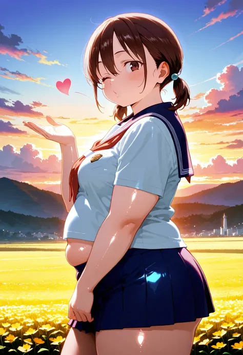 1girl, solo, Boku no Kokoro no Yabai Yatsu, honoka hara, short hair, brown hair, hair between eyes, brown eyes, low twintails, short twintails, plump, chubby body, thick arms, thick thighs, fat rolls, fat, small breasts, (small belly), school uniform, blo...