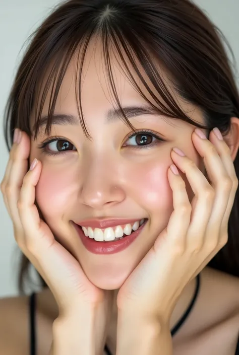 extreme close-up portrait, beautiful girl with her love-struck, radiant face filling the entire frame (95% face ratio), gently placing both open hands on her flushed cheeks with soft fingers, soft black camisole, white blurred background, eyes dreamy and h...