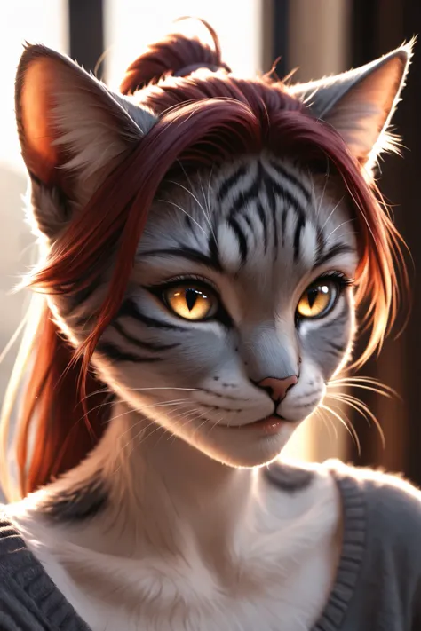 Source_furry, Hyper-realistic anime-inspired portrait of a humanoid catgirl with sleek grey fur subtly striped in darker grey along her cheeks, collarbones, and forehead—reminiscent of a tabby pattern. Her long, wavy crimson red hair flows down past her sh...
